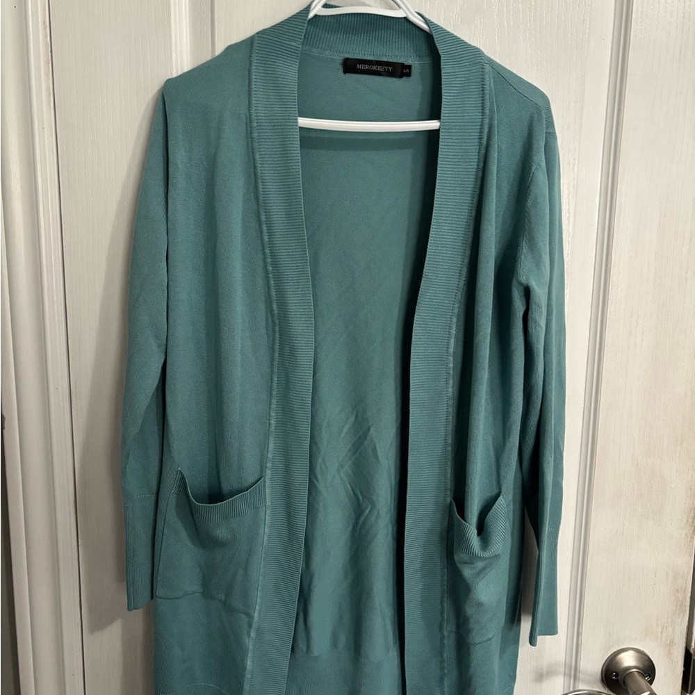 Merokeety Teal Open-Front Pocket Cardigan